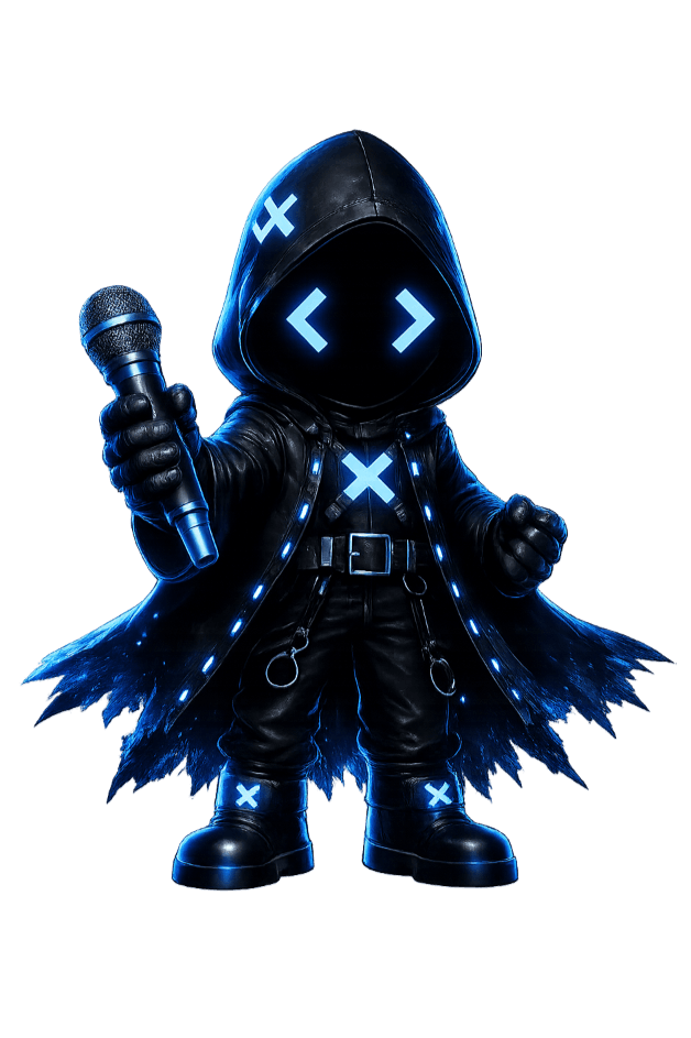 Blue Cybersecurity Mascot with microphone